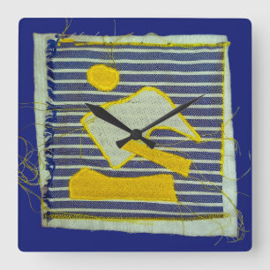 Yellow and Navy Nautical Modern Art Applique  Square Wall Clock