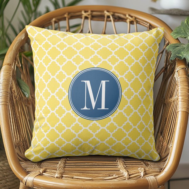 Yellow and Navy Quatrefoil Pattern Custom Monogram Cushion (Custom Monogram Pillow)