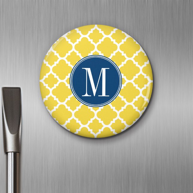 Yellow and Navy Quatrefoil Pattern Custom Monogram Magnet (Personalized Fridge Magnet - Add Custom Text)