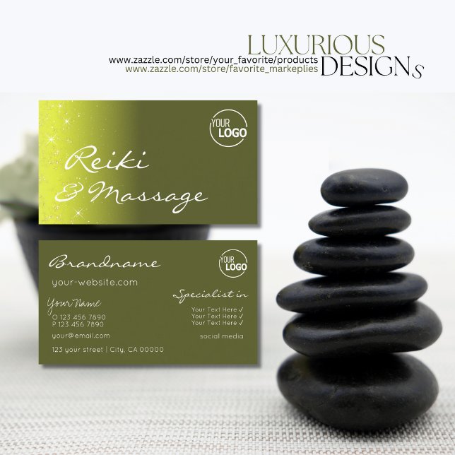 Yellow and Olive Green Glitter Stars with Logo Business Card (Creator Uploaded)