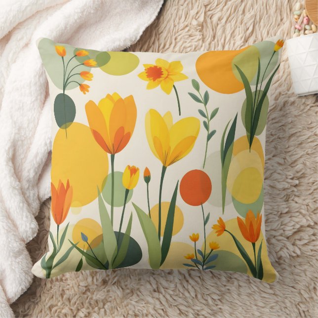 Yellow and Orange Abstract Spring Flowers Cushion (Blanket)
