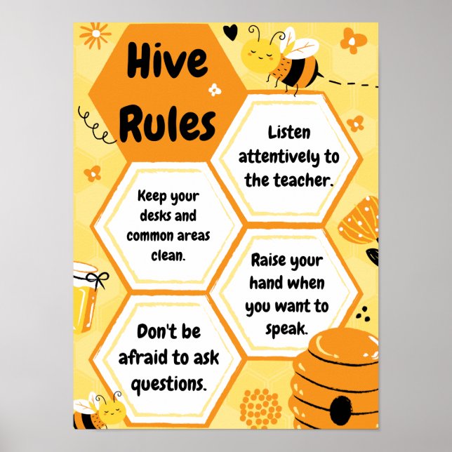 Yellow and Orange Bees Classroom Rules Poster (Front)
