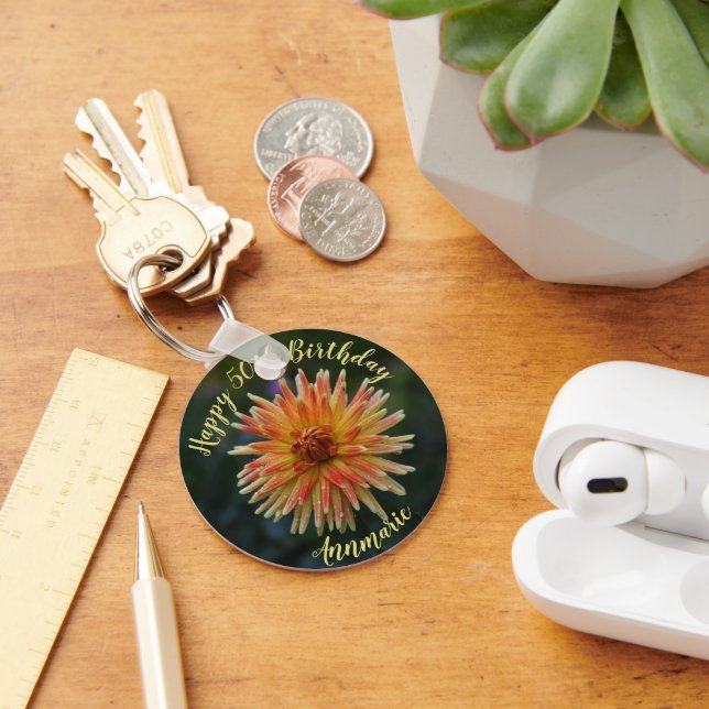 Yellow and Orange Dahlia Happy 50th Birthday Key Ring (Desk)