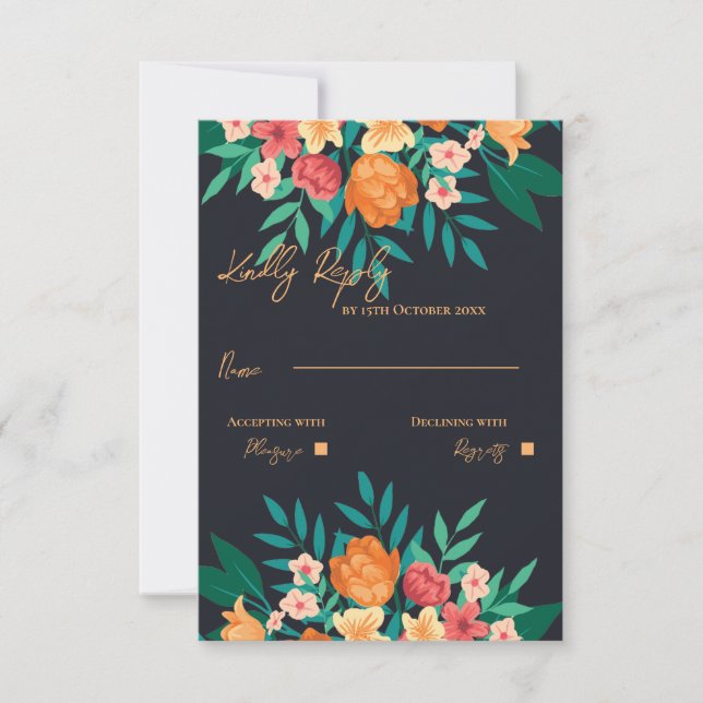 Yellow and Orange Floral Watercolor Script Wedding RSVP Card (Front)