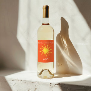 Yellow and Orange Funky Flaming Sun Wine Label