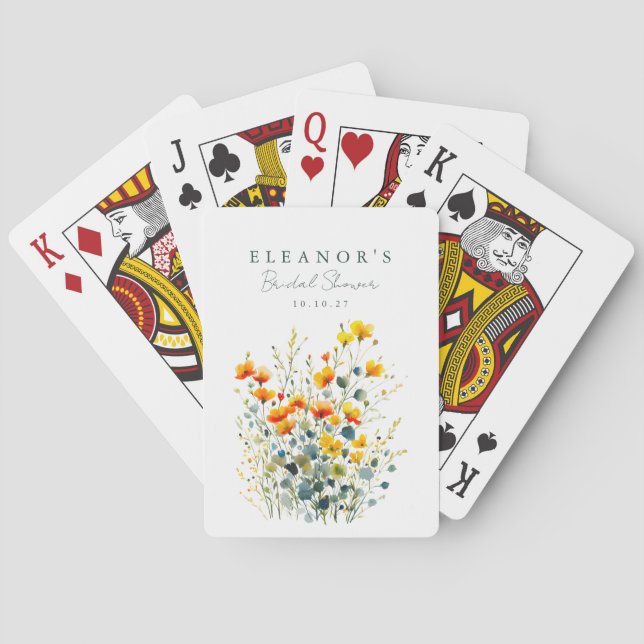 Yellow and Orange Meadow Wildflowers Bridal Shower Playing Cards (Back)