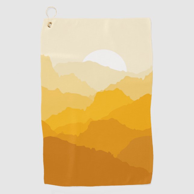 Yellow and orange mountain sunrise golf towel (Front)