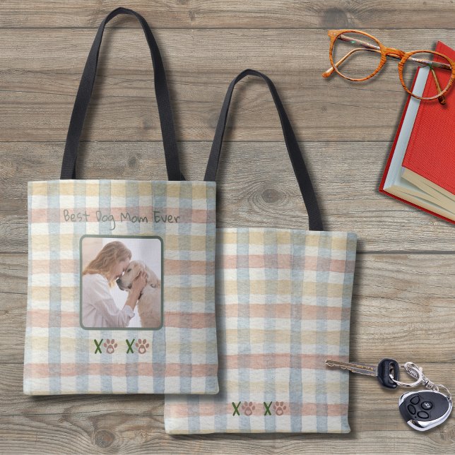 Yellow and Orange Plaid Dog Photo Best Mum Tote (Mother's Day is special for dog mom's too. Personalize the tote with your own picture and words!)