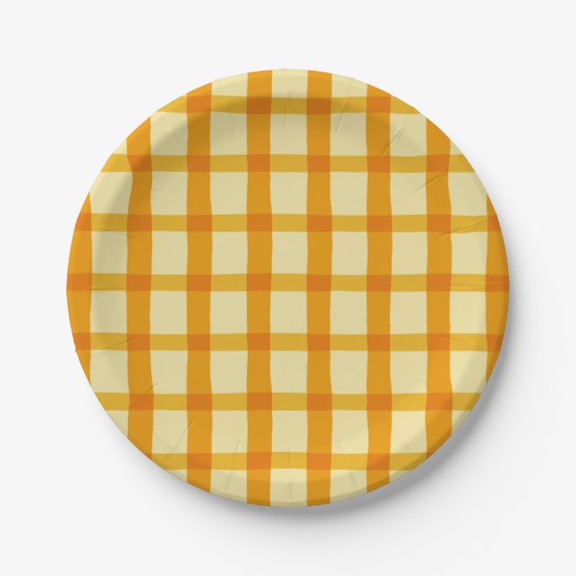 Yellow and Orange Plaid Paper Plate (Front)