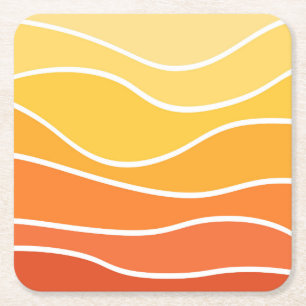 Yellow and orange retro style waves square paper coaster
