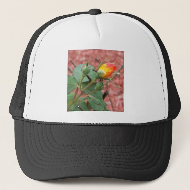 yellow and orange rose bud trucker hat (Front)