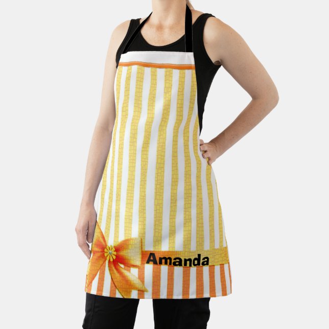 Yellow and orange stripe ,personalised ribbon  apron (Insitu)