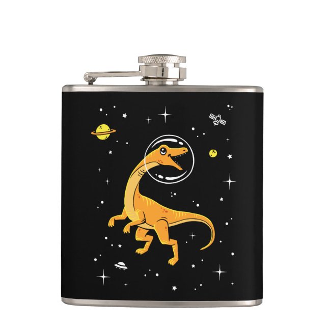 Yellow And Orange Velociraptor Dinos In Space Hip Flask (Front)