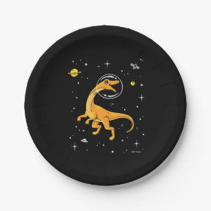 Yellow And Orange Velociraptor Dinos In Space Paper Plate