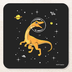 Yellow And Orange Velociraptor Dinos In Space Square Paper Coaster