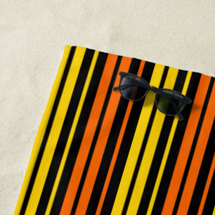 Yellow and Orange Vertical Stripes Black Beach Towel
