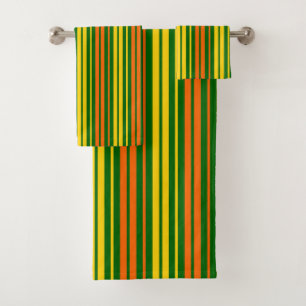 Yellow and Orange Vertical Stripes Green Bath Towel Set