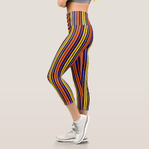 Yellow and Orange Vertical Stripes Navy Blue Capri Leggings