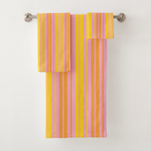 Yellow and Orange Vertical Stripes Pink Bath Towel Set