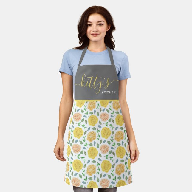 Yellow and Peach Rose All-Over Print Apron (Worn)