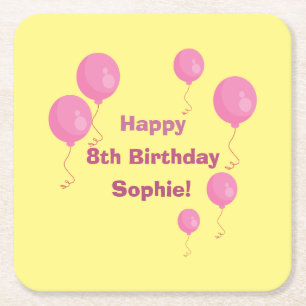 Yellow and Pink Balloon Girl Birthday Paper Coaste Square Paper Coaster