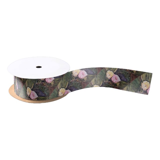 Yellow and Pink Cactus Flowers Satin Ribbon (Spool)