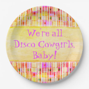 Yellow and Pink Disco Cowgirl Fringe Paper Plates
