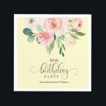Yellow and Pink Floral 80th Birthday Party Napkin<br><div class="desc">Pretty and feminine, this 80th birthday party napkin has a cheerful colour scheme of pastel yellow, blush pink and white. A beautiful bouquet of watercolor roses highlights the top of the design with feminine appeal. The word "birthday" is spelled out with a whimsical calligraphy typeface that is utterly charming. Personalise...</div>