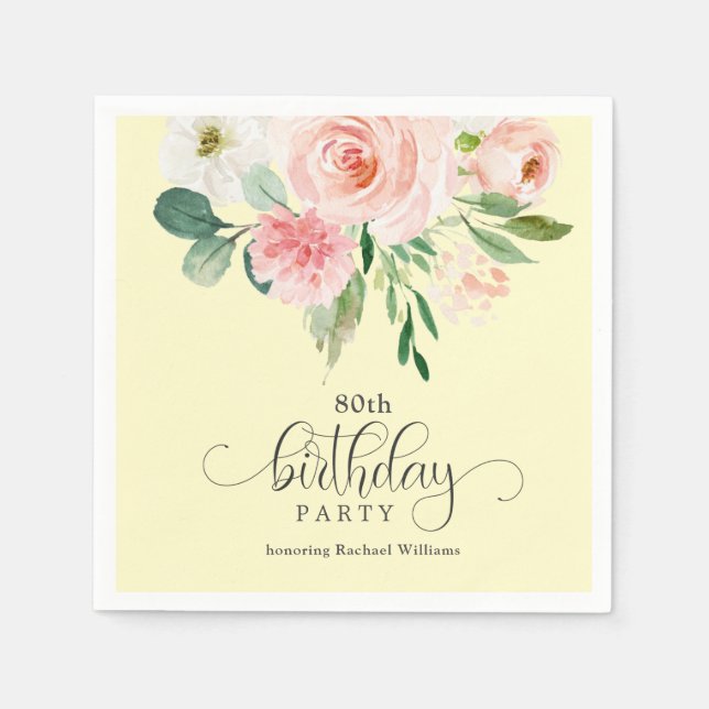 Yellow and Pink Floral 80th Birthday Party Napkin (Front)