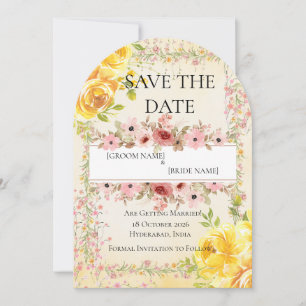 Yellow and Pink Floral Save the Date Card