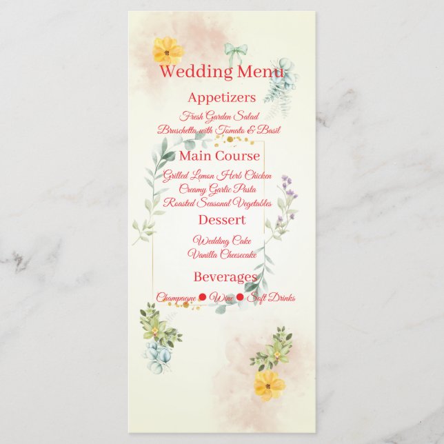 Yellow and Pink Floral Wedding Menu Card (Front)