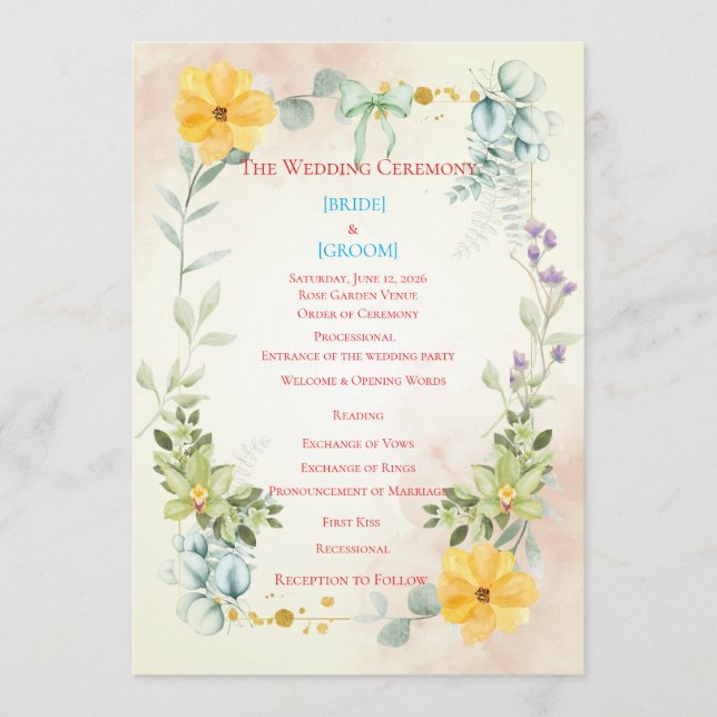 Yellow and Pink Floral Wedding Program (Front)