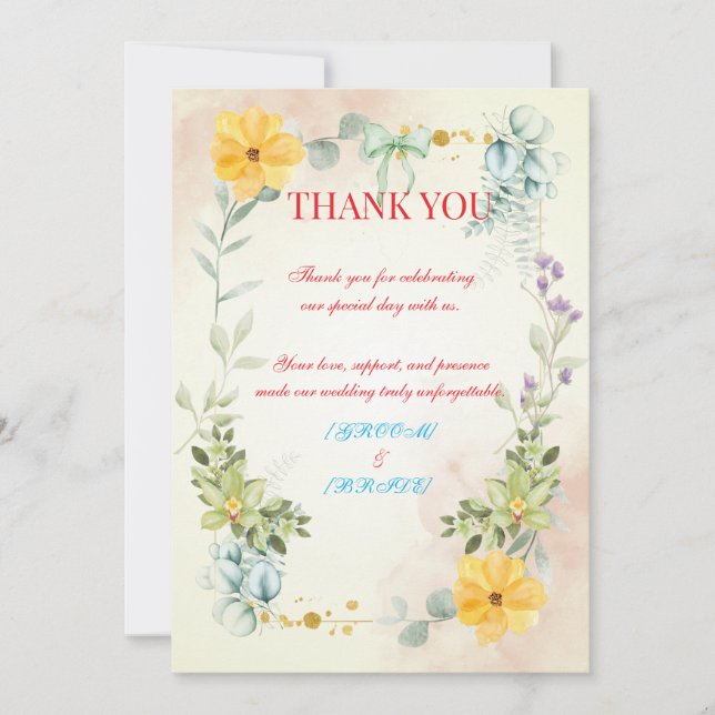 Yellow and Pink Floral Wedding Thank You Card (Front)