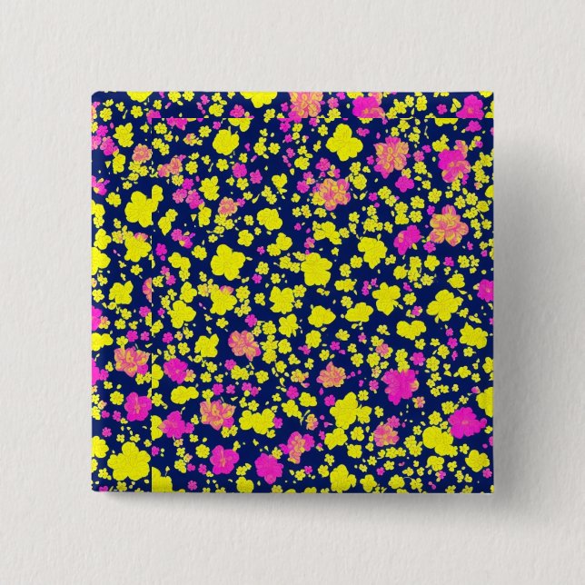 Yellow and pink flower patterns on dark blue backg 15 cm square badge (Front)