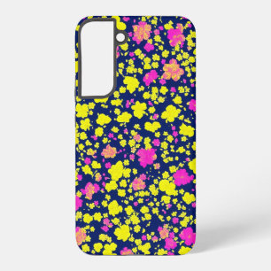 Yellow and pink flower patterns on dark blue backg samsung galaxy case