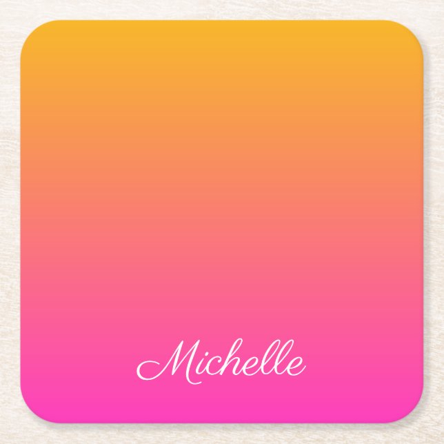 Yellow and pink gradient ombre square paper coaster (Front)