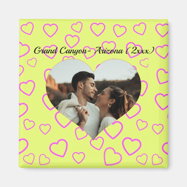 Yellow and Pink Heart Pattern Custom Photo Text Magnet (Front)