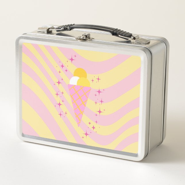 Yellow and Pink Ice cream, Ice Cream Art, Preppy Metal Lunch Box (Front)