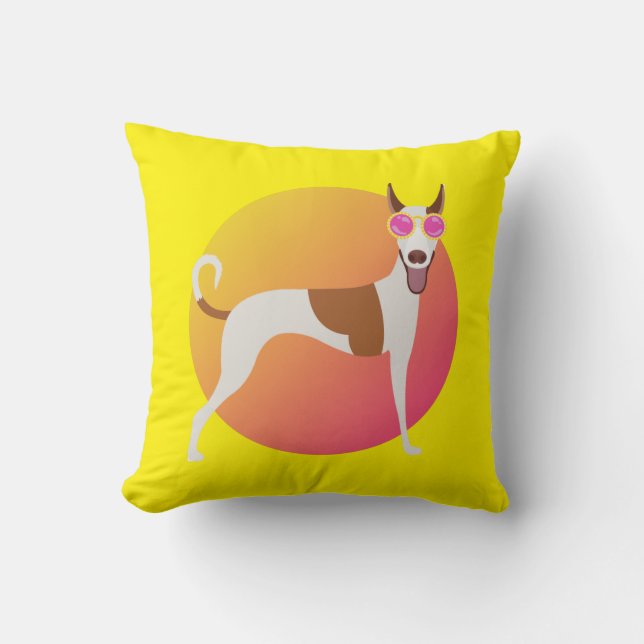 Yellow and Pink Podenco Dog with Sunglasses Cushion (Front)