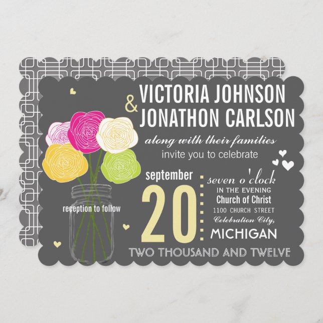 Yellow and Pink Rose Typography Modern Wedding Invitation (Front/Back)