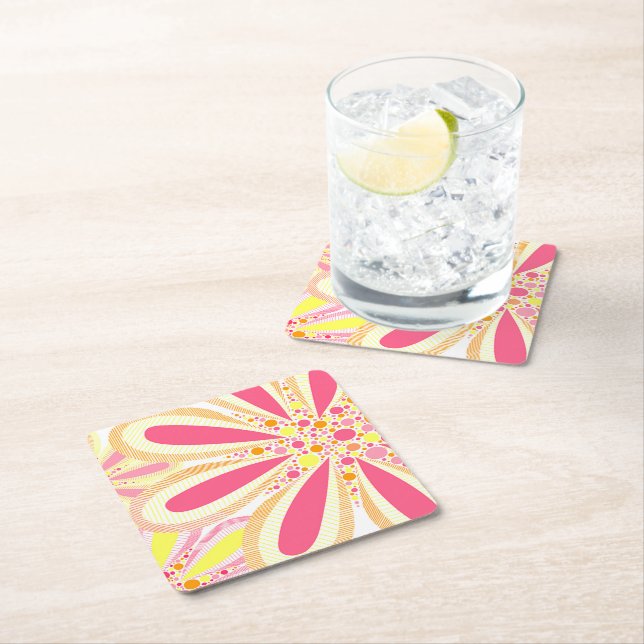 Yellow and Pink Spring Flowers Square Paper Coaster (Insitu)