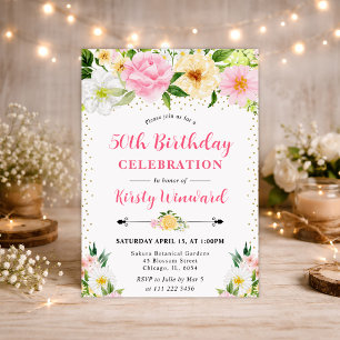 Yellow and Pink Summer Flowers Photo 50th birthday Invitation
