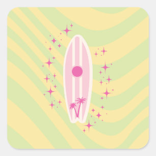 Yellow and Pink Surfboard, Beach Art, Preppy Square Sticker