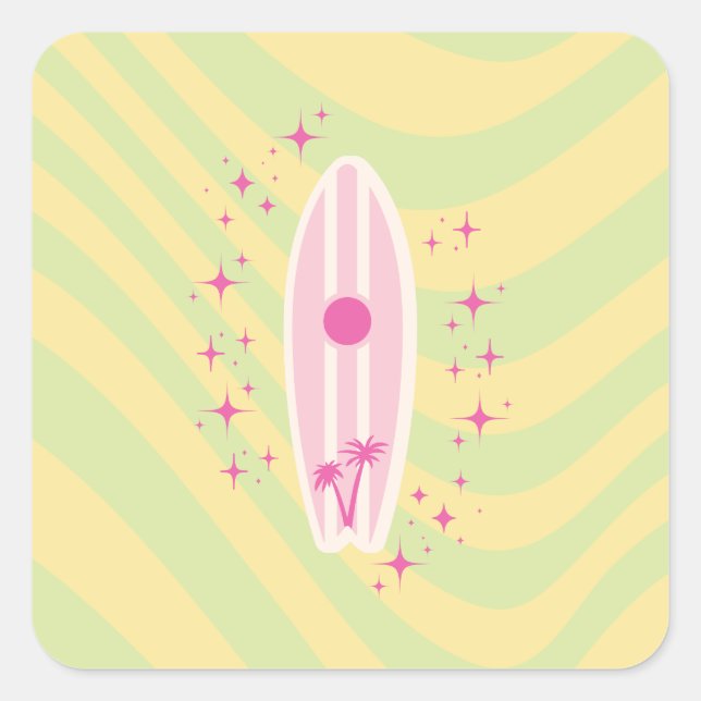 Yellow and Pink Surfboard, Beach Art, Preppy Square Sticker (Front)