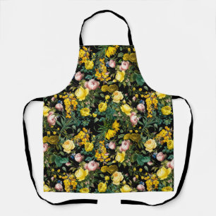 Yellow and pink vintage rose garden night pattern apron