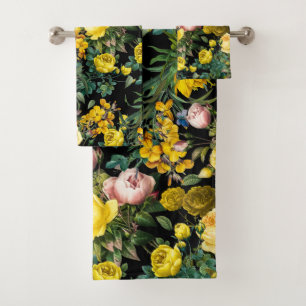 Yellow and pink vintage rose garden night pattern bath towel set