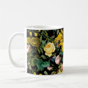 Yellow and pink vintage rose garden night pattern coffee mug