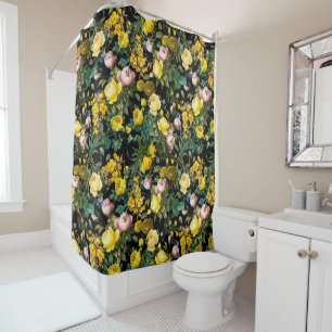 Yellow and pink vintage rose garden night pattern shower curtain