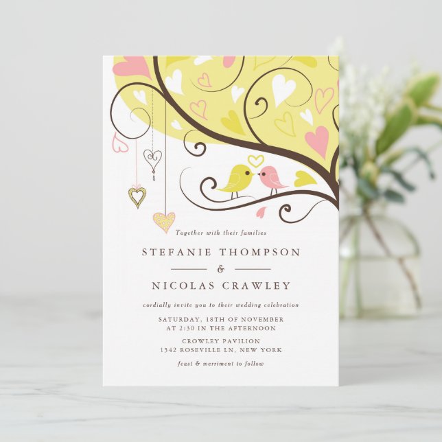 Yellow and Pink Whimsical Lovebirds Wedding Invitation (Standing Front)