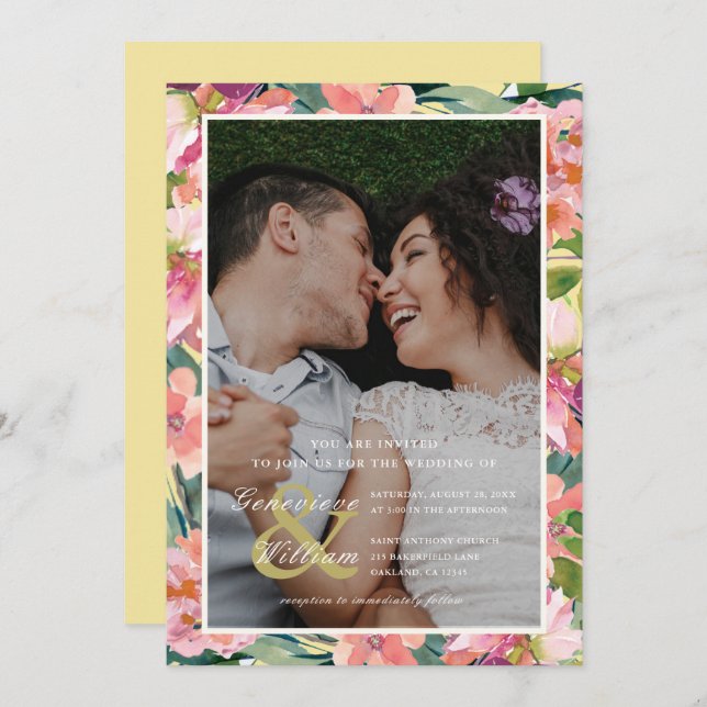Yellow and Pink with Peach Floral Photo Wedding Invitation (Front/Back)